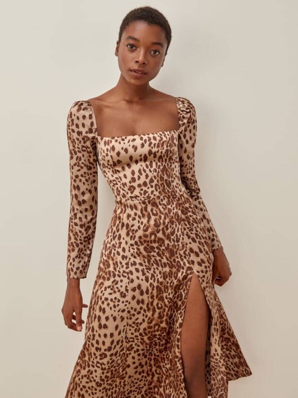 Reformation Maryanne Silk Midi Dress Cat Brown Leopard Tan 6 Women’s